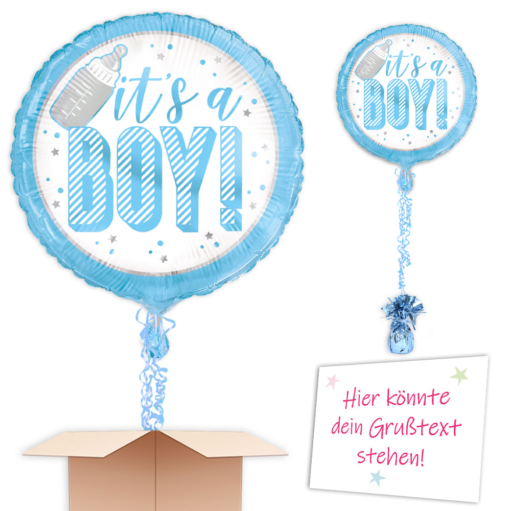 Ballonpost "It&#039;s a Boy" blau inkl. Helium, Bänder, Gewicht